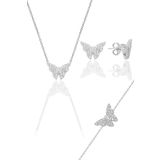 Gümüş rodyumlu zirkon taşlı kelebek kolye küpe ve bileklik üçlü set