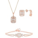 Gümüş rose baget taşlı kolye küpe ve bilezik gümüş set [barcode]