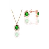 Gümüş rose kök zümrüt taşlı damla modeli ikili set