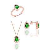Gümüş rose kök zümrüt taşlı damla modeli üçlü set