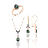 Gümüş rose kök zümrüt taşlı damla üçlü set