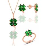 Gümüş rose kök zümrüt taşlı yonca kolye küpe ve yüzük üçlü set SGTL11664YESIL