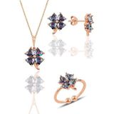 Gümüş rose mistik taşlı yonca kolye küpe ve yüzük üçlü set [barcode]