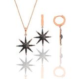 Gümüş rose onix taşlı güneş kolye ve küpe ikili set