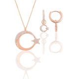Gümüş rose zirkon taşlı ay yıldız kolye ve küpe ikili set