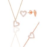 Gümüş rose zirkon taşlı kalp kolye,bileklik ve küpe üçlü set