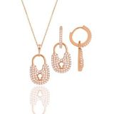 Gümüş rose zirkon taşlı kilit kolye ve küpe ikili set SGTL11881ROSE
