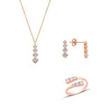 Gümüş rose zirkon taşlı pırlanta modeli pırıltı üçlü set
