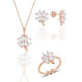 Gümüş rose zirkon taşlı yonca kolye küpe ve yüzük üçlü set SGTL11664BEYAZ