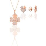 Gümüş rose zirkon taşlı yonca kolye ve küpe ikili set SGTL11667ROSE