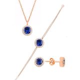 Gümüş rose zirkon ve safir taşlı pırlanta modeli üçlü set