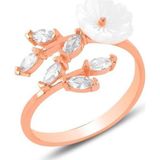 Gümüş rose zirkon ve sedef taşlı yapraklı Prunus dulcis (badem çiçeği) yüzük