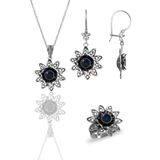 Gümüş safir taşlı nilüfer modeli telkari işlemeli kolye küpe ve yüzük üçlü set