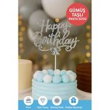 Gümüş Taşlı Happy Birthday Pasta Süsü – Parlak Metal Yazı, Işıltılı Doğum Günü Dekoru