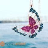 Gümüş Üç Boyutlu Turkuaz Ve Ruby Zirkon Taşlı Kelebek Kolye