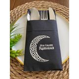 Gümüş Yaldızlı Siyah Hoş Geldin Ramazan Ay Desenli Cepli Peçete 12 li 40x40