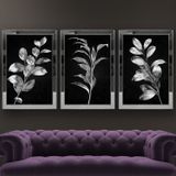 Gümüş Yapraklar-2 Temalı Aynalı Çerçeveli 3 lü Kanvas Tablo Seti 150x70 cm SETS0062
