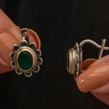 Gümüş Yeşil Çiçek Desenli Otantik Kadın Küpe SL9642