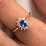 Gümüş Yüzük - 1.05 Karat Safir Topaz 0.30 Karat Pırlanta (Signty) Taşlı Vintage 925 Ayar Gümüş Yüzük