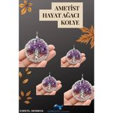 GÜMÜŞTEL EL SANATLARI Sertifikalı Doğal Taş Ametist Hayat Ağacı Tasarım Kolye Sürpriz Hediyeli 5x5 Cm