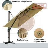 Gunbo Home 3*3 Kare Bahçe Şemsiyesi Tam Profesyonel 360 Derece Döner Pedallı Güneş Açılı Dış Alan Şemsiyesi Bej