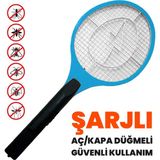 Güncel Çarşı Şarjlı Sinek Öldürücü Raket, Aç-Kapa Düğmeli Elektrikli Sinek Raketi, Güvenli Kullanım - Mavi