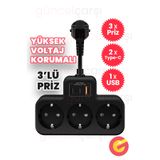 GüncelÇarşı Yüksek Voltaj Korumalı Priz, Duvar Tipi Grup Priz Çoğaltıcı, 3x Priz 2x, Type-C, 1x Usb, 16A, 3680W
