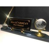 Gündoğan Kristal Cam İsimlik Kalem Seti Füme Renk Altın Detaylı 28x6 cm Ofis Dekoru