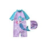 Güneş Korumalı Kısa Kollu Mermaid Denizkızı Desenli Kız Çocuk Mayo mor 1-2 Yaş