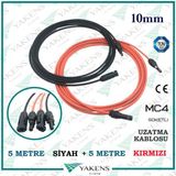 Güneş Paneli Uzatma Solar Kablo (5M+5M) 10Mm Toplam 10 Metre Çift Taraflı Mc4 Soketli Solar Ara Kablo Kırmızı Siyah