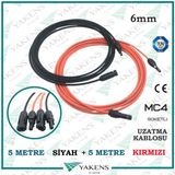 Güneş Paneli Uzatma Solar Kablo (5M+5M) 6Mm Toplam 10 Metre Çift Taraflı Mc4 Soketli Solar Ara Kablo Kırmızı Siyah
