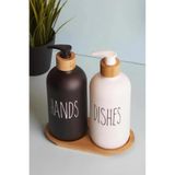 GUNES ZUCCACIYE 2’li Siyah Beyaz Mutfak Cam Sıvı Sabunluk Seti 500ml 500ml Bambu Standlı Şık Ve Modern