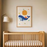 Güneşli Mavi Balina Çocuk Odası Duvar Posteri Çerçeveli Tablo Duvar Dekorasyonu - 30 x 40 - Ahşap Çerçeveli