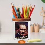 Güneşte Mustafa Kemal Atatürk Ahşap Seramik Kalemlik -r196 - Renkli