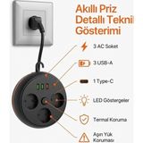 Gunkes Akım Korumalı Makaralı Priz – 3’lü Priz, 3x USB + Type-C Girişli, Anahtarlı, Çok Amaçlı Uzatma Kablosu - Siyah
