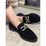 Günlük Kadın Loafer Klasik Alçak Topuklu Desenli Taban Zincirli Oval Burunlu Makosen Ayakkabı 100