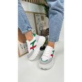 Günlük Kadın Sneaker Kalın Yüksek Taban Bağcıklı Rahat Tiger Şeritli Spor Ayakkabı 032 08-taş Yeşil Kırmızı