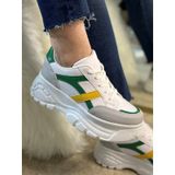 Günlük Kadın Sneaker Kalın Yüksek Taban Bağcıklı Rahat Tiger Şeritli Spor Ayakkabı 032 09-taş Yeşil Sarı