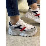 Günlük Kadın Sneaker Kalın Yüksek Taban Bağcıklı Rahat Tiger Şeritli Spor Ayakkabı 032 11-taş Laci Kırmızı