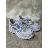 Günlük Kadın Sneaker Kalın Yüksek Taban Bağcıklı Rahat Tiger Şeritli Spor Ayakkabı 032 - Beyaz - Hologram