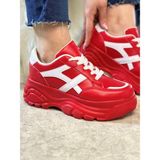 Günlük Kadın Sneaker Kalın Yüksek Taban Bağcıklı Rahat Tiger Şeritli Spor Ayakkabı 032 - Kırmızı - Beyaz