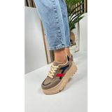 Günlük Kadın Sneaker Kalın Yüksek Taban Bağcıklı Rahat Tiger Şeritli Spor Ayakkabı 032 - Vizon - Kırmızı - Saks