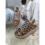Günlük Kadın Sneaker Leopar Desenli Bağcıklı Oval Burun Yüksek Kalın Topuklu Spor Ayakkabı 313 - Koyu Leopar