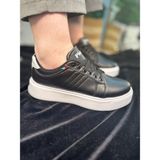 Günlük Kadın Spor Ayakkabı Ortopedik Vegan Deri Bağcık Hafif Kalın Yüksek Taban Yürüyüş Sneaker 102 (Siyah - Beyaz)