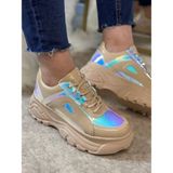 Günlük Kadın Spor Ayakkabı Yüksek Taban 6 cm Sneaker Siyah - Beyaz - Bej - Rugan - Süet 001 - Bej - Gümüş