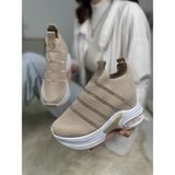 Günlük Triko Kadın Sneaker Gizli Topuk Taşlı Oval Burun Rahat Kalıp Nefes Alabilen Spor Ayakkabı 271 (Bej)