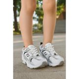 Günlük Unisex Beyaz Siyah Sneaker Kaymaz Yüksek Taban Desenli Triko Bağcıklı Koşu Spor Ayakkabı - Beyaz - Gümüş
