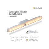Günsan Şarjlı Mıknatıslı Hareket Sensörlü Led Lamba - Dolap İçi, Mutfak, Kitaplık, Tezgah Altı Aydınlatma - 3 Renk Modu - Dim Edilebilir - Işık Hafızalı Çok Renkli