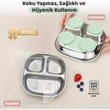 Guqqo Silikon Vakumlu Paslanmaz Çelik Mama Tabağı, 3 Derin Bölmeli Bebek Tabak, 304 Çelik, Yeşil