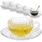 GURUDAR Cam Çay Bardakları ve Tabakları 6'lı Set, Paslanmaz Çelik Kaşıklı Şeffaf Kahve Kupaları, Espresso Cappuccino Latte Çay Suyu için Bulaşık Makinesi ve Mikrodalga Güvenli Çay Fincanları,